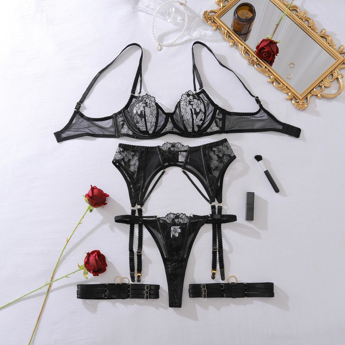 Ellolace Willowy Sexy Female Lingerie Intimate See Through Embroidered 3PC Set with Leg Circles Exclusive Erotic Miss Underwear