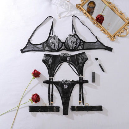 Ellolace Willowy Sexy Female Lingerie Intimate See Through Embroidered 3PC Set with Leg Circles Exclusive Erotic Miss Underwear