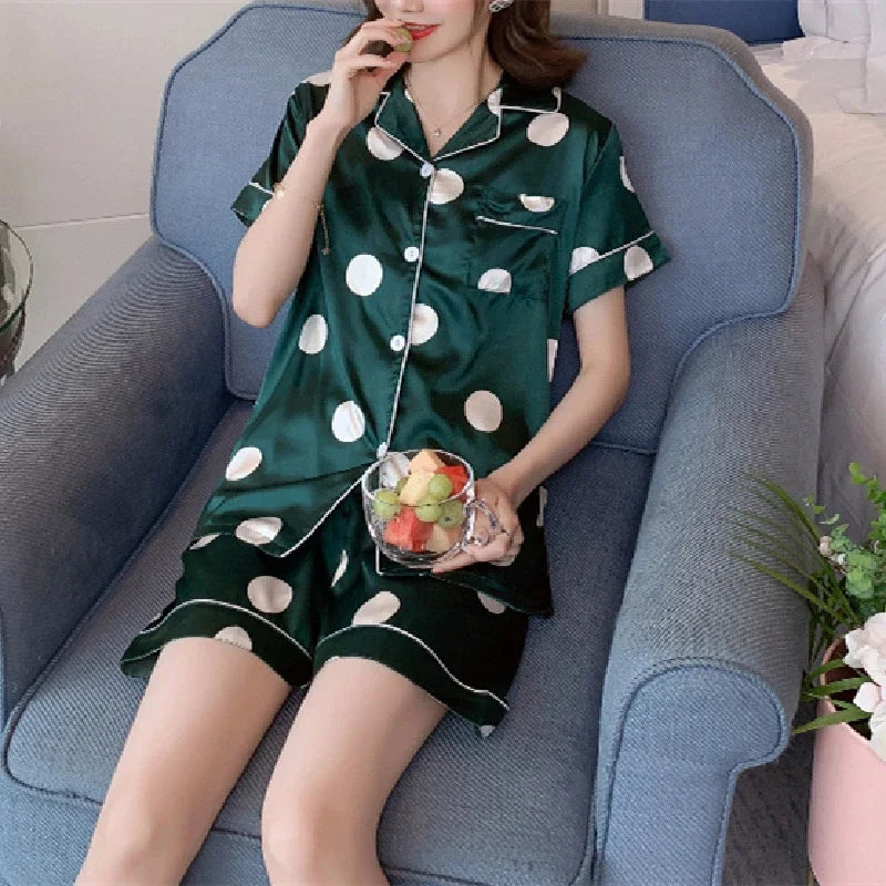 Satin Silk Pajamas Set for Women Cartoon Print Turn-down Collar Short Sleeve Top+Long Pants Matching Sets Homewear Plus Size 5XL