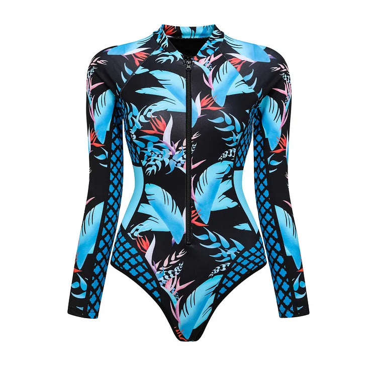 One Piece Swimsuit Long Sleeve Zip Front Blue White One Piece Surf Swimsuit and Sarong Swimwear Slimming Bathing Suit Beach Wear