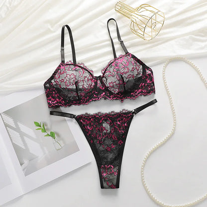 Sexy Lace Underwire Push Up Lingerie Contour Bra And Panty Sets For Women Gathering Chest Underwear Embroidery Bralette Set