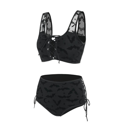Dressfo Women's Gothic Bikini Swimsuit Bat Crescent Star Print Bathing Suit Cinched Mesh Lace Up Cut Out Swimwear Two Piece Set
