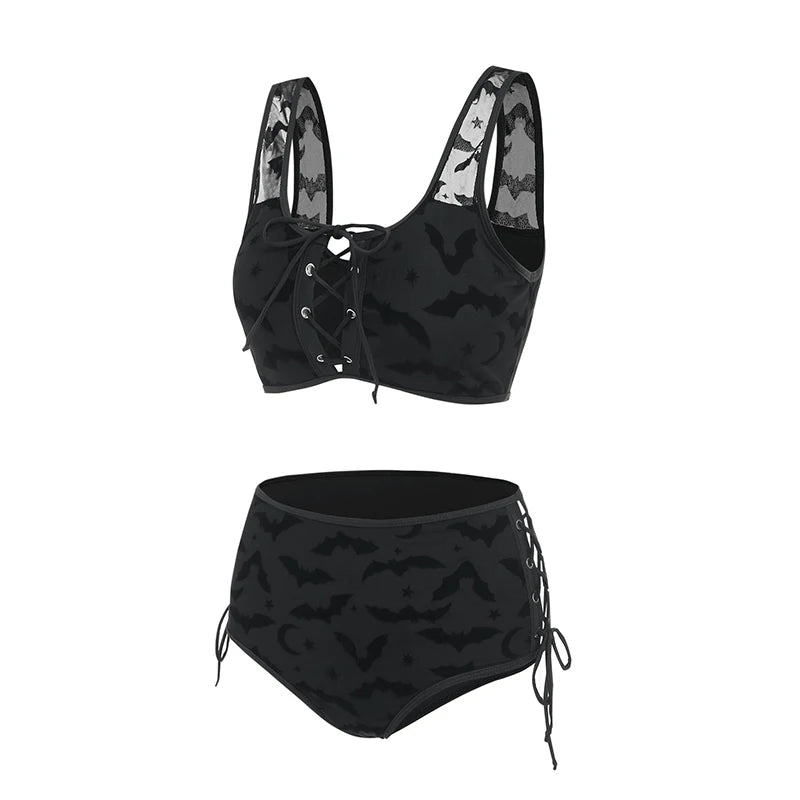 Dressfo Women's Gothic Bikini Swimsuit Bat Crescent Star Print Bathing Suit Cinched Mesh Lace Up Cut Out Swimwear Two Piece Set
