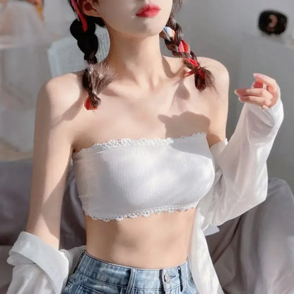 Sweet Lace Strapless Bra Non-slip Camisole for Girls Soft Invisible Beautiful Back Shockproof Vest Lingerie Versatile Underwear
