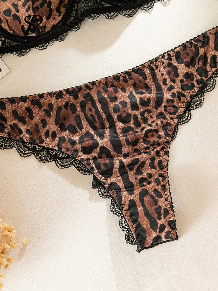 SINGREINY Leopard Print Sexy Lingerie Sets Women Lace Patctwork Sheer Bra Brief Sets Transparent Chic Vintage Underwear Suits