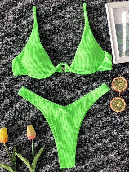 Sexy Neon V-bar Underwired Bikini 2025 Female Ribbed Swimsuit Women Thong Swimwear Two-pieces Bikini set Push up Bathing Suit