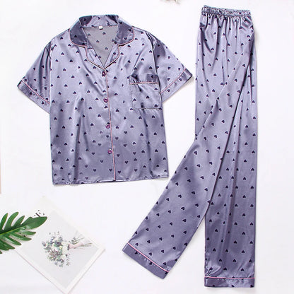 Women‘s Striped Printed Silk Satin Pajamas Summer Nightwear Trouser Suits Satin Set Woman 2 Pieces Short Sleeve Sleep Tops Night