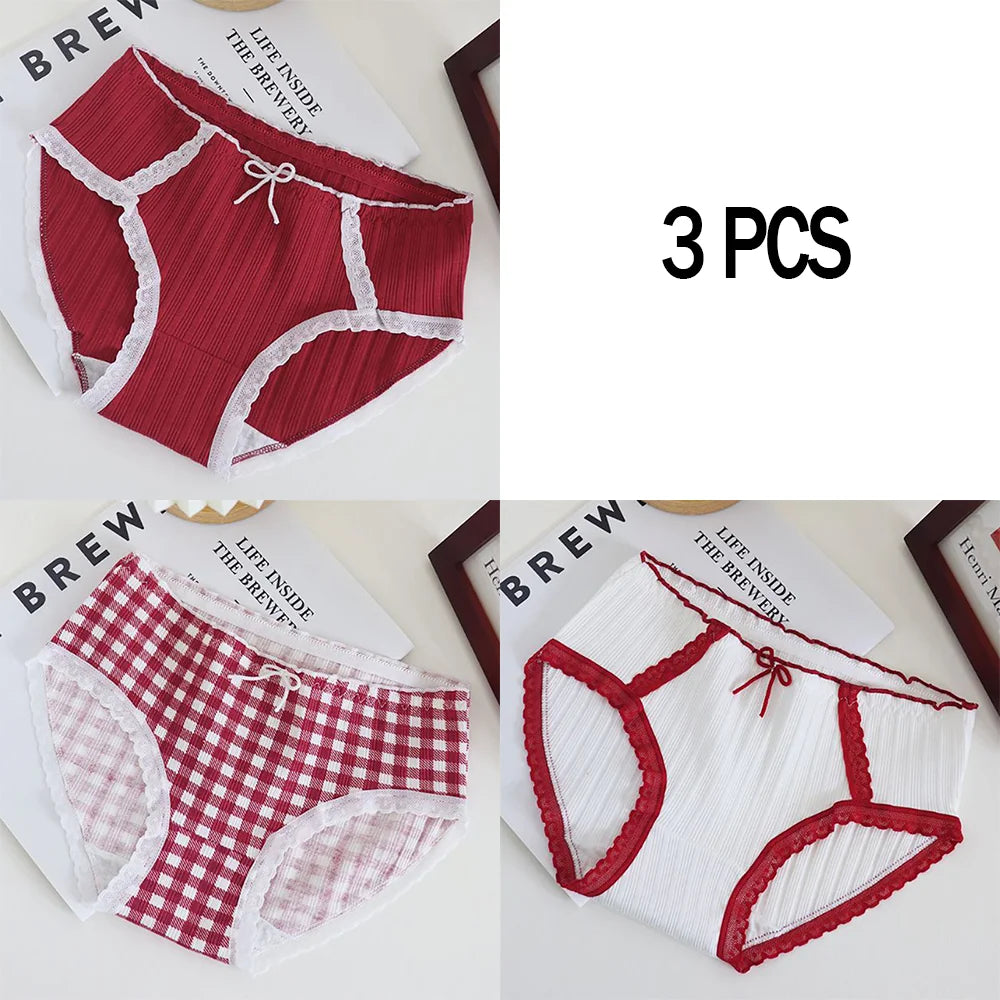 3pcs Cotton Women's Panties Sweet Cute Printed Student Mid-Waist Underwear Fashionable Breathable Girls Daily Briefs