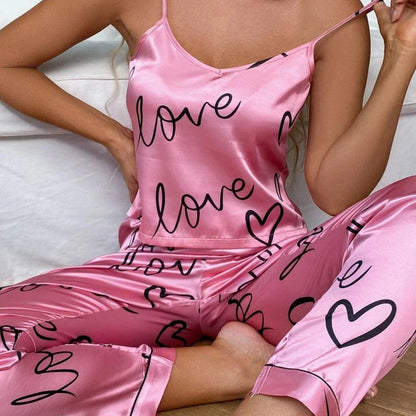 Women Satin Silk Pajamas Sets Letter Print Cami Vest Shirt With Trouser Sleepwear Ladie Sexy Pajama Lingerie Pyjamas Nightwear
