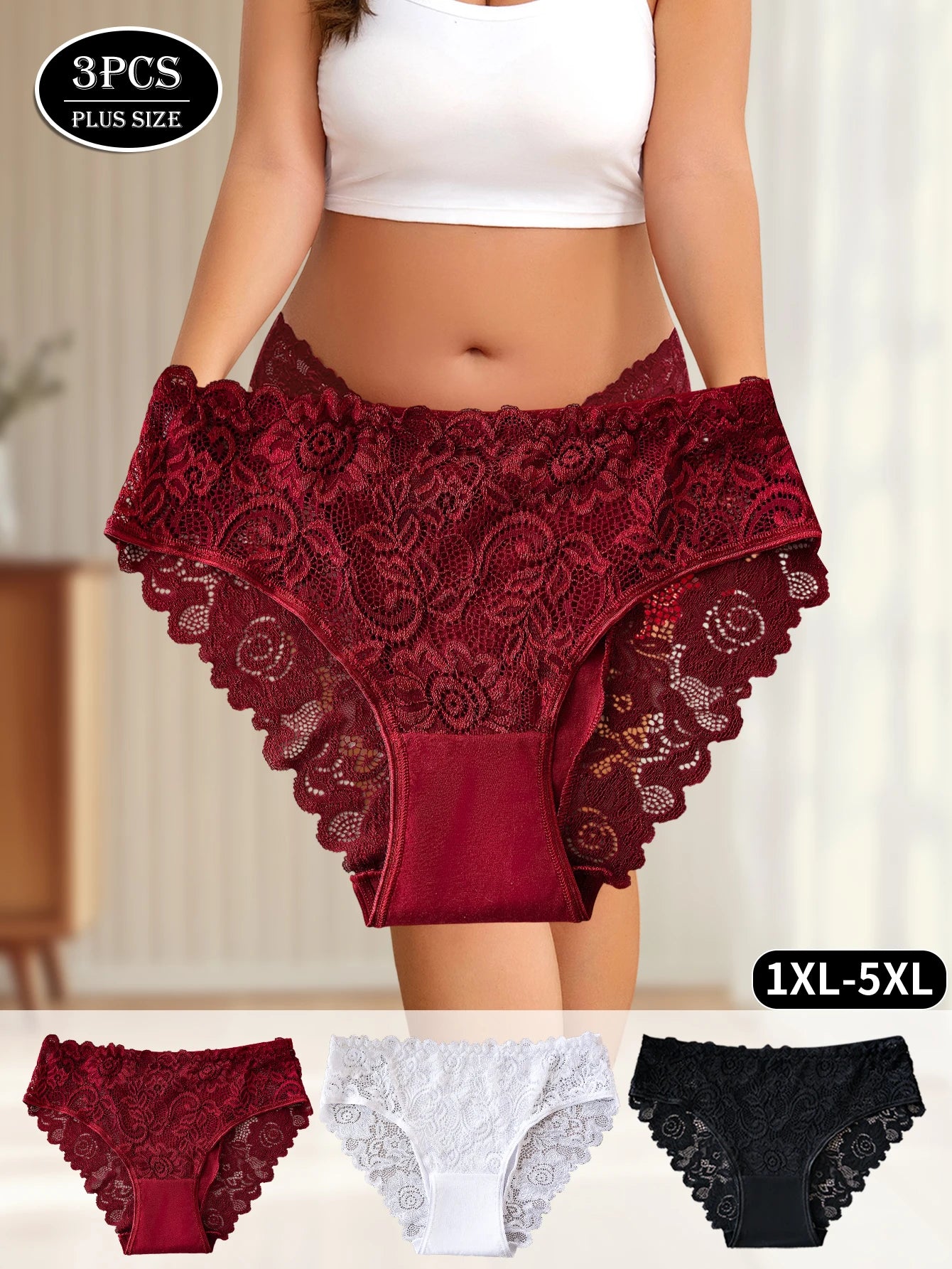 3PCS Plus-Size Women's Underwear Elegant Lace Floral Trimmed Panties Ladies Solid Color Hollow Sexy Briefs Lingerie Hot Sales