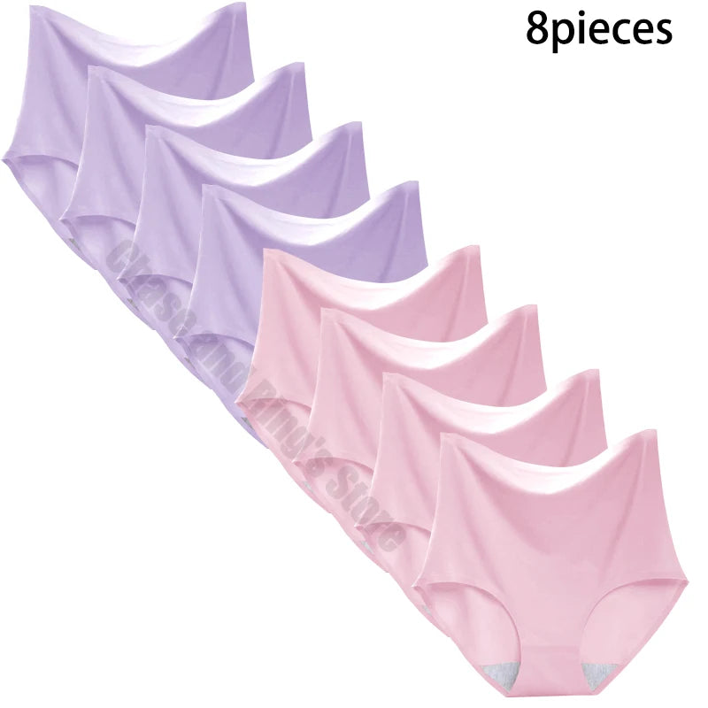 8 pieces Ice silk Women Underwear Slim Belly Tight fit Pants Seamless Triangular Briefs Soft Lingerie Elastic Panties Large Size