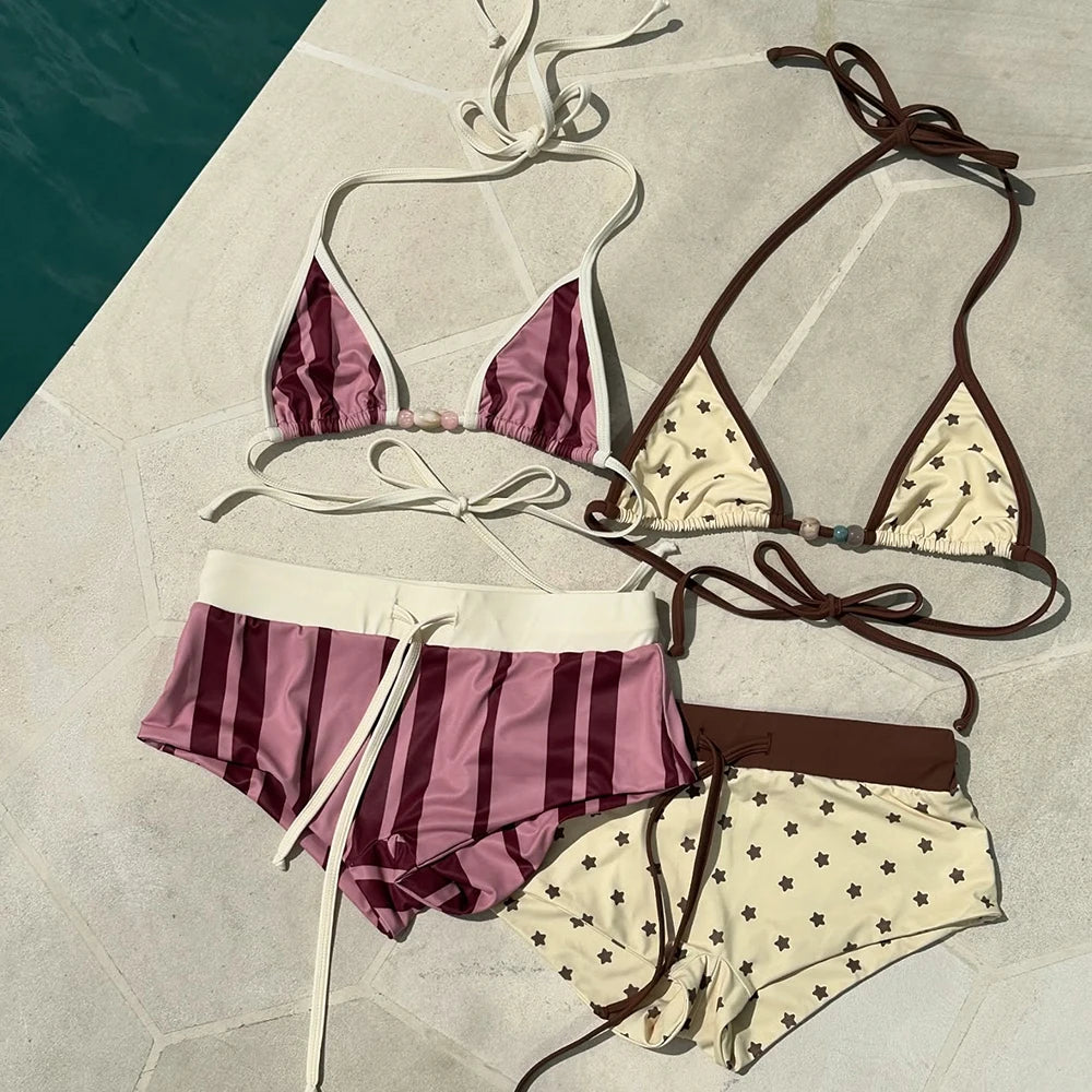 3 Pieces Print Bikini Swimsuit with Cover Up Swimwear Women Bathing Suit Short Pants  Micro Bikini Set Swimming Suits Biquini