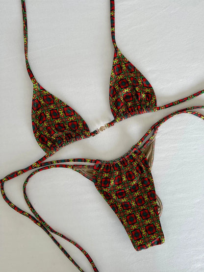 2025 New Sexy Low Waisted Micro Bikini Sets Swimsuit Swimwear Women Strappy Print Floral Halter Beachwear Bathing Suit biquini