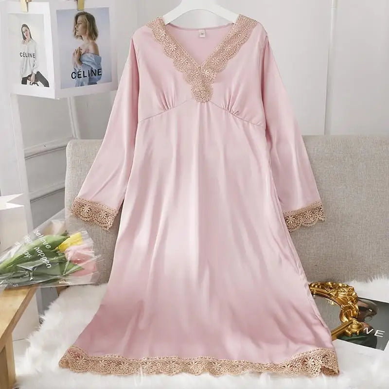 Female Long Nightdress Sexy Hollow Lace Sleepwear Home Dress Palace Style Princess Nightgown Nightwear Casual Satin Loungewear