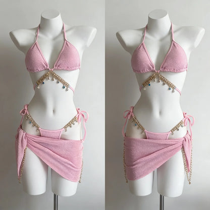 Sexy Lace Up Back Two Piece Bikini Set High Cut Leg Push Up Tops Stylish Swimwear Beach Bathing Suit for Ladies Summer Vacation