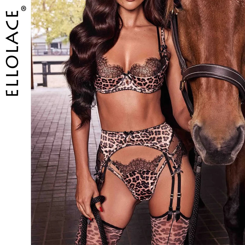 Ellolace Wild Lingerie Sexy Women Stunning Leopard Bra 3PC Set with Stockings Seductive Riding Suit Unleash Desire Party Kit