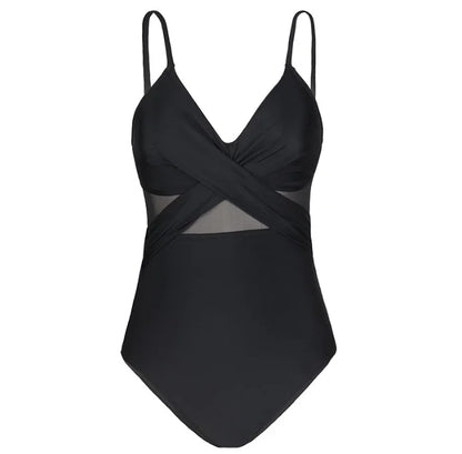 Contrast Mesh One Piece Swimsuit, V Neck Solid Color Backless Tummy Control High Cut Bathing Suit, Women's Swimwear & Clothing