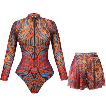 2025 Mesh Swimsuit with Long Sleeves Sexy One Piece Slimming Bathing Suit with Skirt & Long Pants Bodysuit Smart Beach Clothes