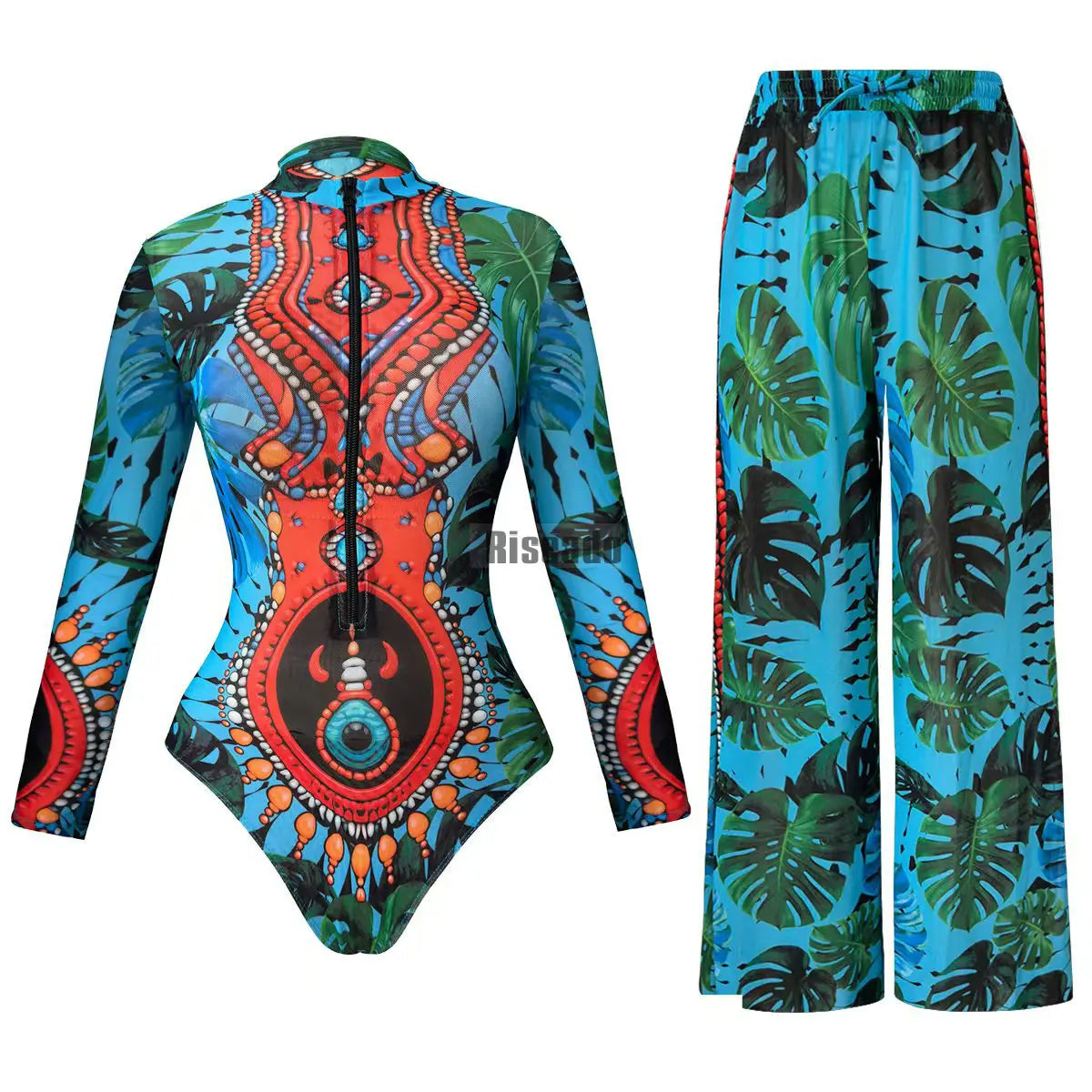 Riseado Mesh Swimsuit with Long Pants & Swimdress Long Sleeve Mesh Beachwear Sexy High Waist Bathing Suit Smart Beach Clothing