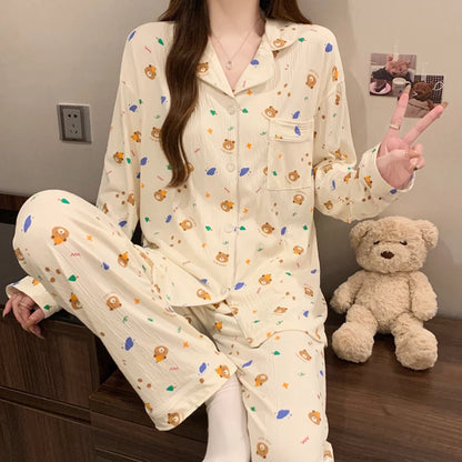 Pink Bow Tie Design Pajamas for Women Long Sleeve Top & Elastic Waist Pants Pajamas Set Harajuku Style Casual New Home Wear