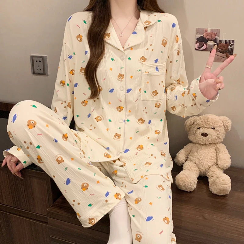 Pink Bow Tie Design Pajamas for Women Long Sleeve Top & Elastic Waist Pants Pajamas Set Harajuku Style Casual New Home Wear