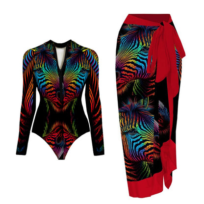 One Piece Swimsuit Long Sleeve Zip Front Blue White One Piece Surf Swimsuit and Sarong Swimwear Slimming Bathing Suit Beach Wear