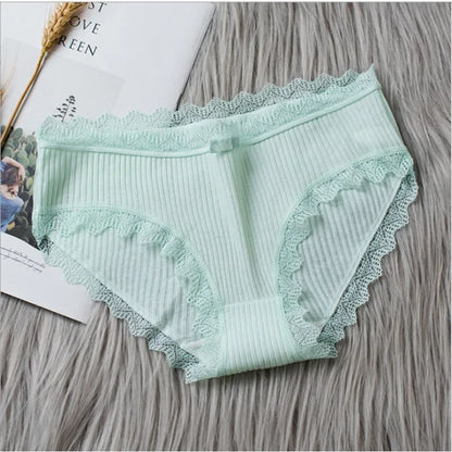 Cotton Sexy Lace Mid Waist Underwear Threaded Brief Solid Color Skin Friendly Ladies Underpant Breathable Fashion Casual Panties