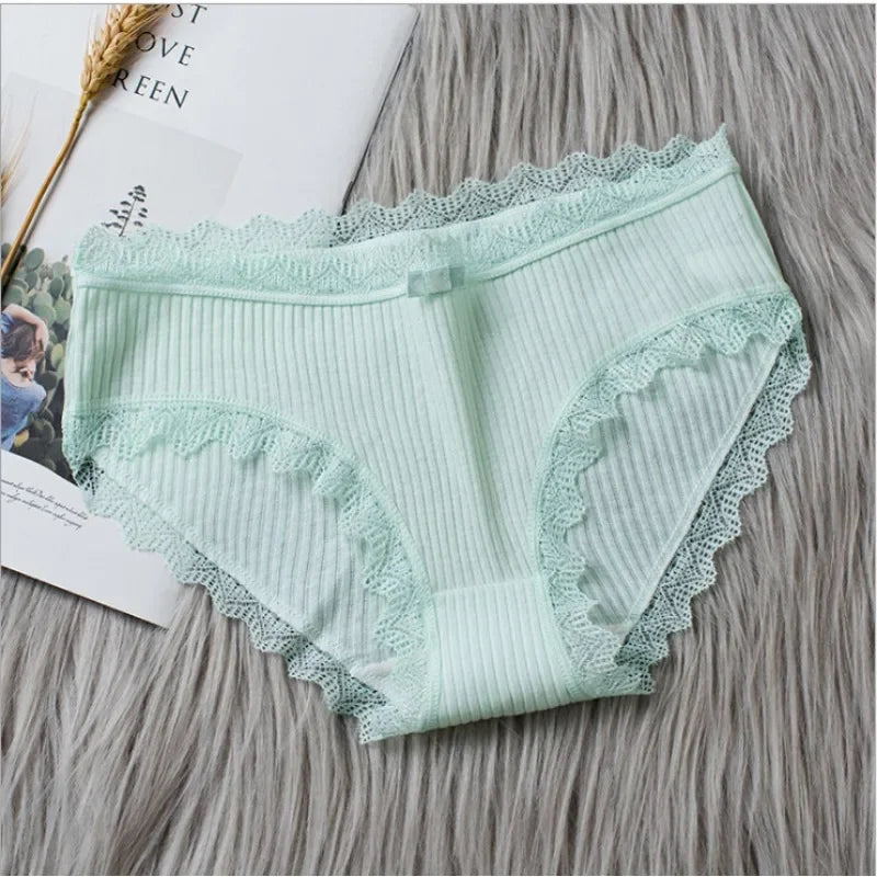 Cotton Sexy Lace Mid Waist Underwear Threaded Brief Solid Color Skin Friendly Ladies Underpant Breathable Fashion Casual Panties