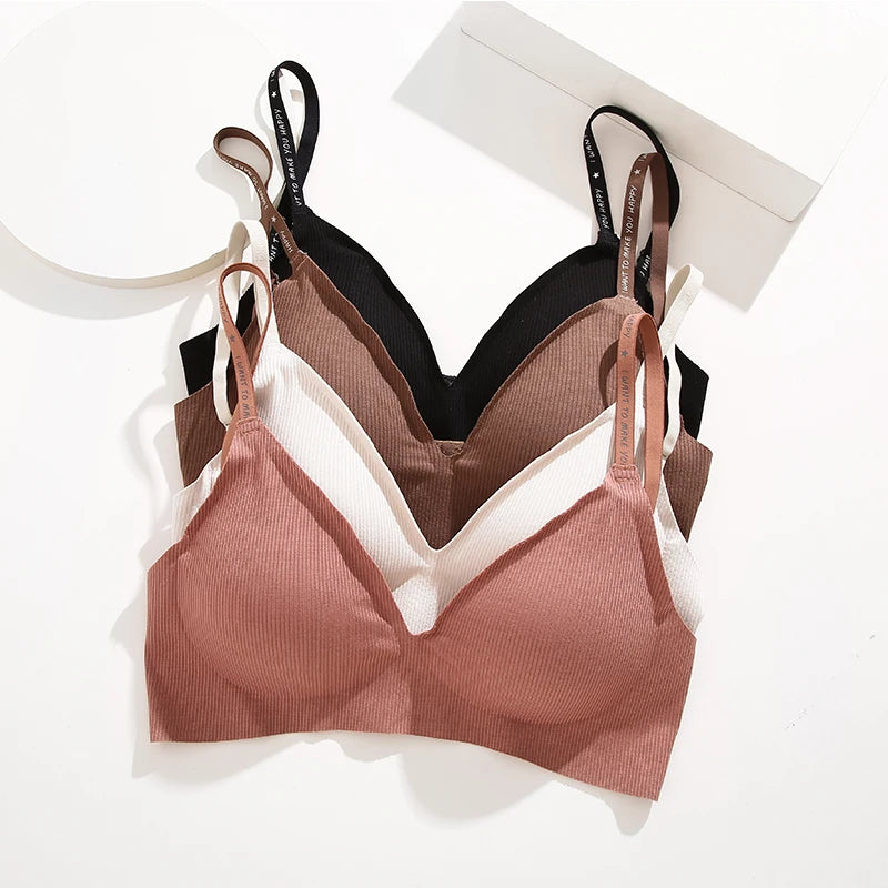 FINETOO Women Sexy Seamless Bras Deep V Neck Bralette Sexy Lingerie Letter Strap Tops Push Up Underwear Wireless Brassiere Lady