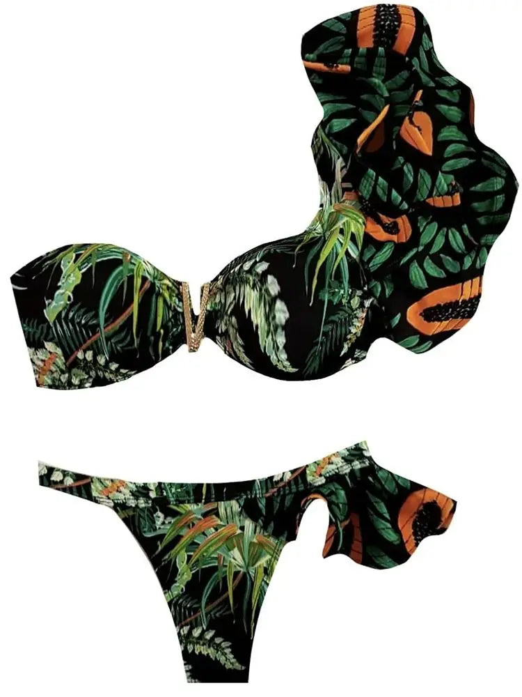 Two-Pieces Women Floral 2025 Push-Up Strappy Ruffles Bandage Bikini Set Swimsuit Swimwear Bathing Suit Beachwear Biquini