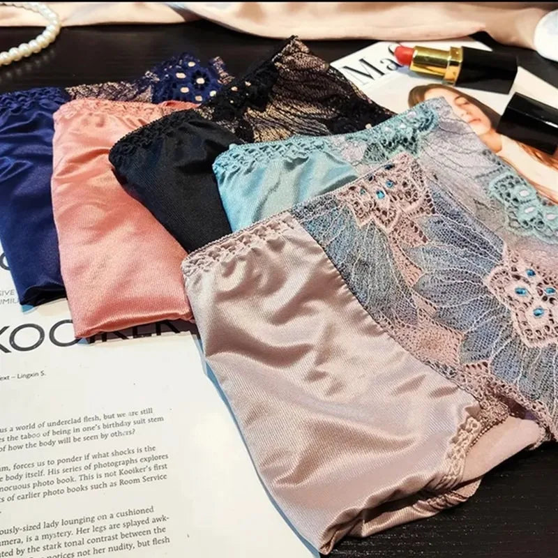 New Women Lace Flowers Panties Sexy Hollow Temptation Silk Breathable Underwear Tummy Mid Waist Butt Lift Briefs Intimate Panty