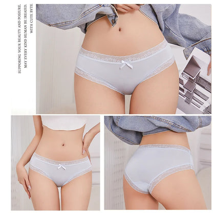 3Pcs/Set Women Ice Silk Sexy Lace Seamless Briefs Comfortable Stretchy Semi Sheer French-Cut Panties Women Underwear Breathable