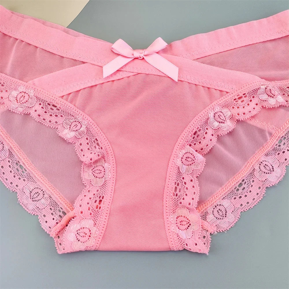 3 Pieces Hot Comfortable Mesh Briefs Women Sexy Seamless Lace Trim Underwear Cute Bow Ladies Breathable Briefs Plus Size