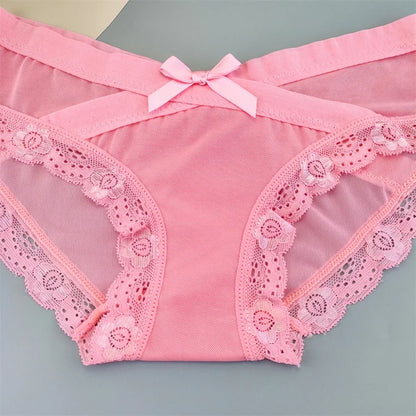 3 Pieces Hot Comfortable Mesh Briefs Women Sexy Seamless Lace Trim Underwear Cute Bow Ladies Breathable Briefs Plus Size