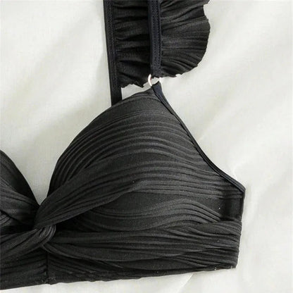 Sexy Black Ribbed Swimwear High Waisted Bikinis Sets 2026 Ruffled Swimsuit Cross Bandage Bathing Suit Brazilian Bikinis De Mujer