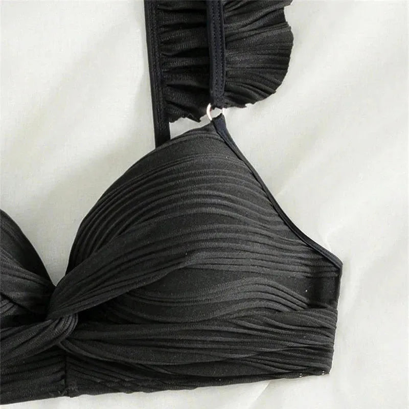 Sexy Black Ribbed Swimwear High Waisted Bikinis Sets 2026 Ruffled Swimsuit Cross Bandage Bathing Suit Brazilian Bikinis De Mujer