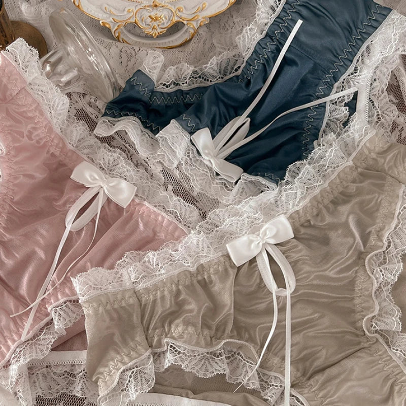 Luxury Satin Transparent High Elasticity Sexy Mesh Lace Hollow Bow Underwear Cute Lovely Sweety Smooth Soft Panties Breathable