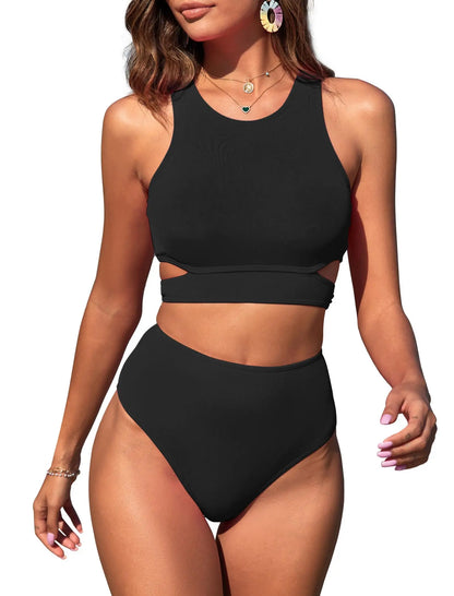 ZAFUL Women's Swimsuit High Waisted Bikini Sets Two Piece Swimsuit Scoop Neck Tank Side Cutout Midkini