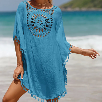 Holiday Knitting Crochet Beach Short Cover Ups Dress Splicing Solid Color Beachwear Small Tassel Sunscreen Sexy Beach Smock