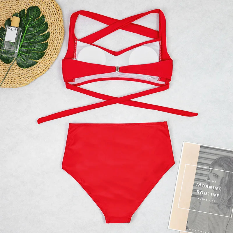 Sexy Two Pieces High Waist Bikini Sets Halter Solid Retro Ruched Printed Swimsuit Brazilian Swimwear Women 2025 Bathing Suits