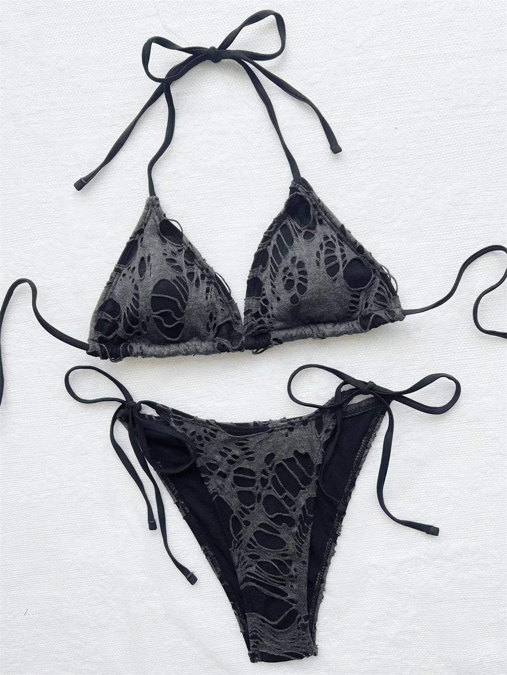 Gothic Grunge Swimsuit Distressed Micro Bikini Y2K Bathing Suits Halter Strappy Lace Up 2026 Trend Woman Punk New Beach Swimwear
