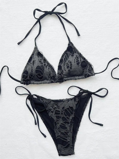 Gothic Grunge Swimsuit Distressed Micro Bikini Y2K Bathing Suits Halter Strappy Lace Up 2026 Trend Woman Punk New Beach Swimwear