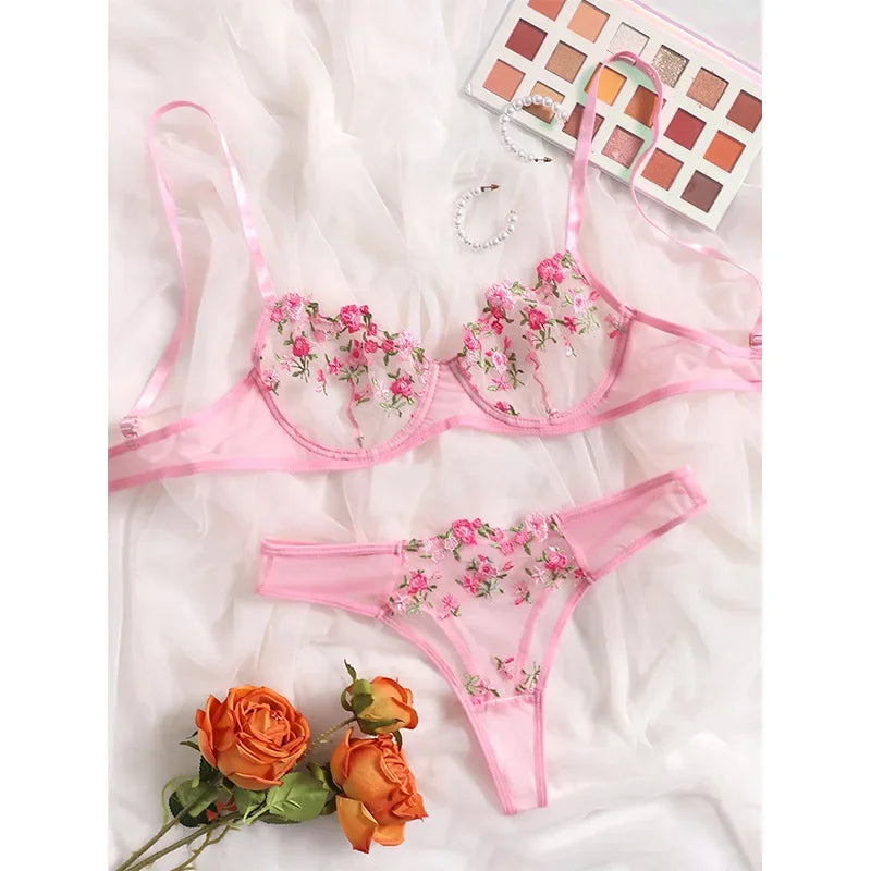 Lingerie Sexy Floral Embroidery Underwear Transparent Lace Short Skin Care Kits Delicate Fairy Set Woman 2 Pieces