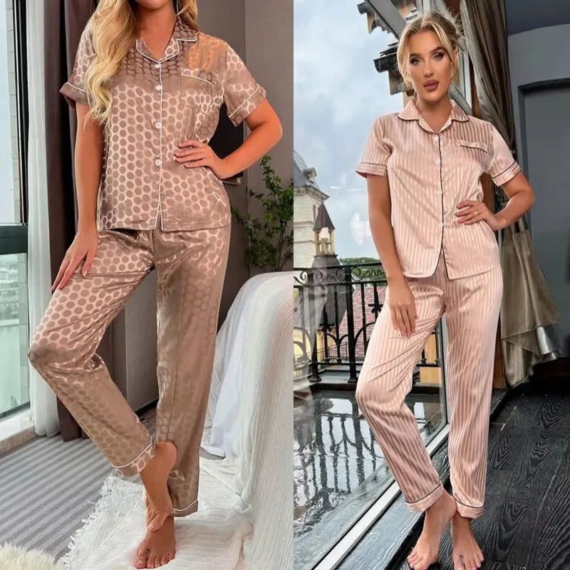 Women‘s Striped Printed Silk Satin Pajamas Summer Nightwear Trouser Suits Satin Set Woman 2 Pieces Short Sleeve Sleep Tops Night