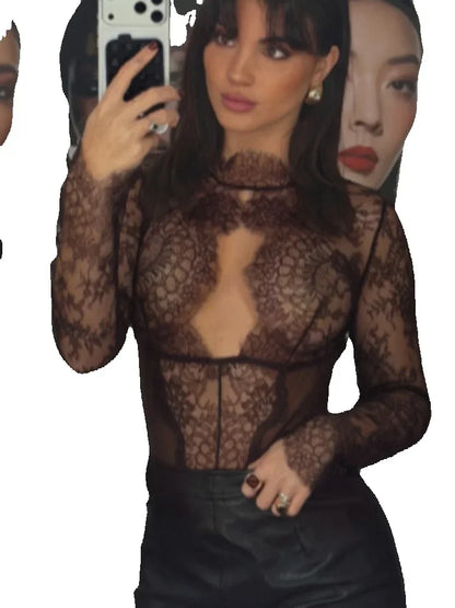 Women Sexy Lace Reflective One-piece Suit Chic Hollow-out Long Sleeve See Through Set 2026 Fashion Lady Street Party Club Outfit
