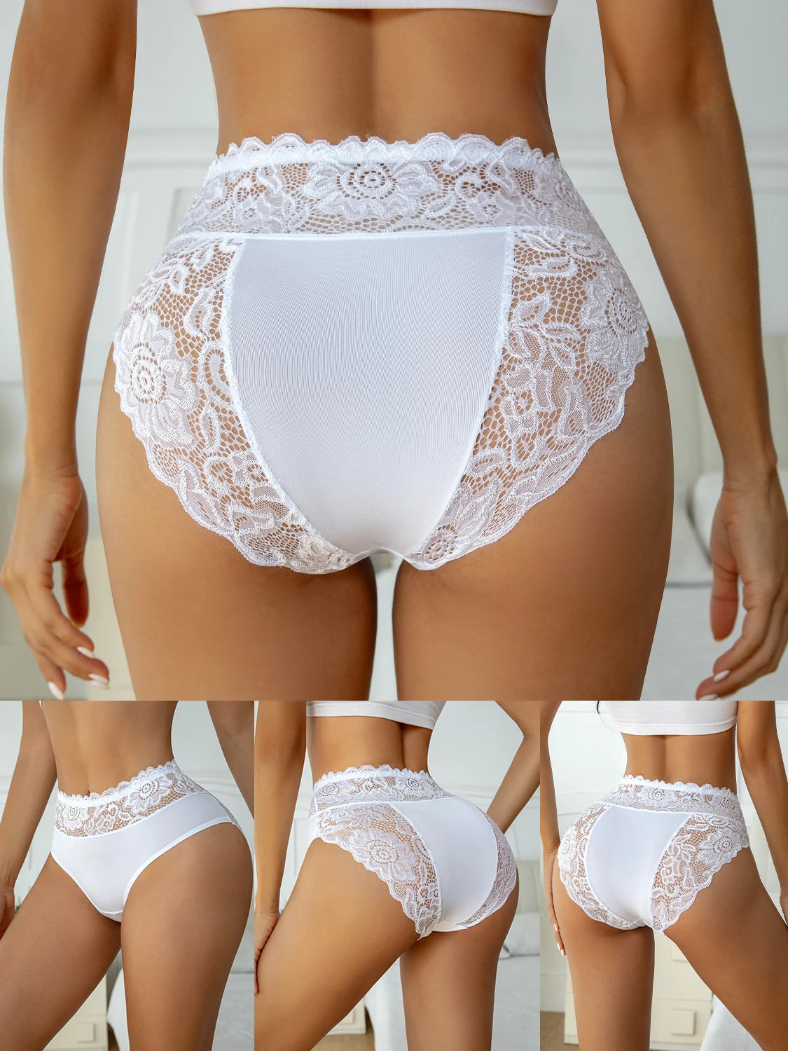 4PCS Women's Underwear Solid Color High Waist Panties Elegant Lace Floral Patchwork Briefs Comfortable Everyday Lingerie