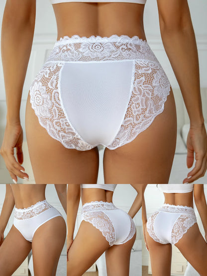 4PCS Women's Underwear Solid Color High Waist Panties Elegant Lace Floral Patchwork Briefs Comfortable Everyday Lingerie