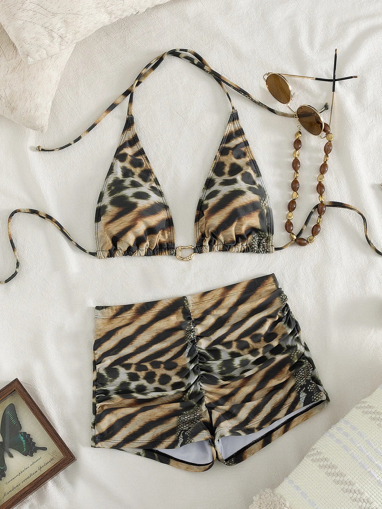 Women's Leopard & Zebra Print Bikini Set, Halter Triangle Top with High Waist Ruched Shorts Two Piece Swimsuit for Beach Vacatio