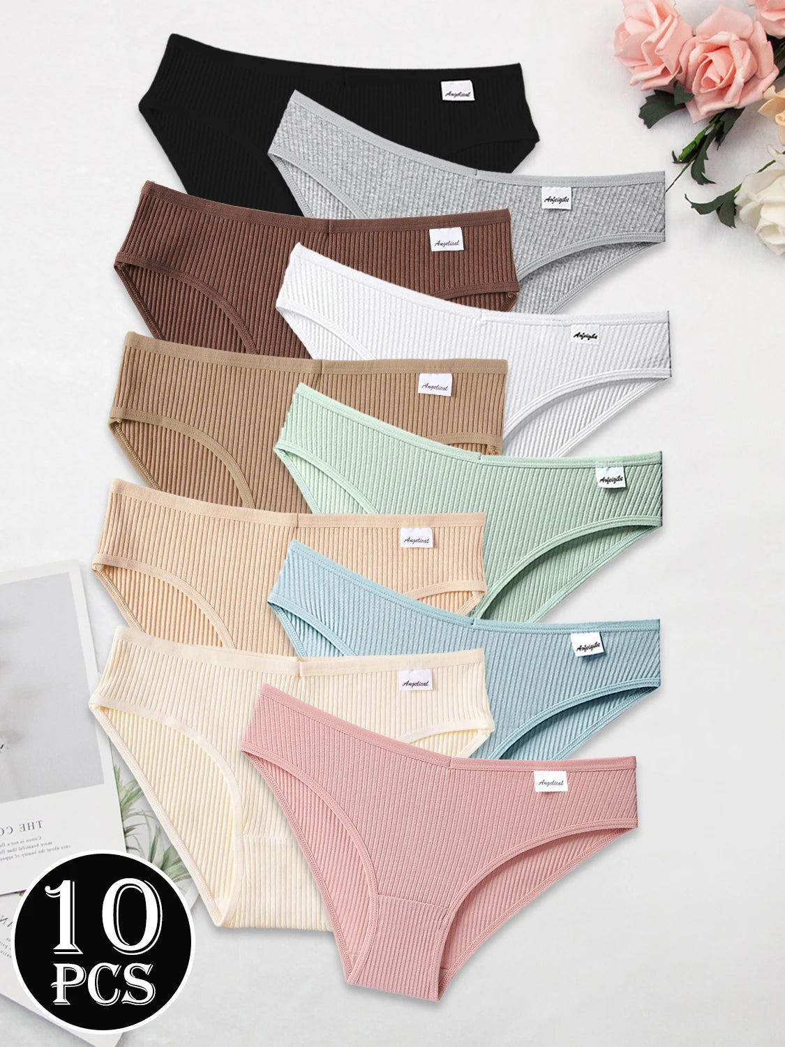 10PCS Women's Pure Cotton Panties Ribbed Briefs Low-Rise Breathable Female Soft Underwear Solid Colors Lingerie Stylish Casual