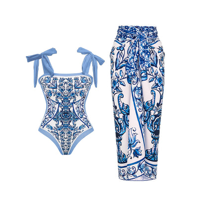 Printed Ruffle One Piece Swimsuit With Cover Up Sexy Swimwear Women Flat Belly Swim Suits Bathsuit Belt Bodysuit Beach Outing